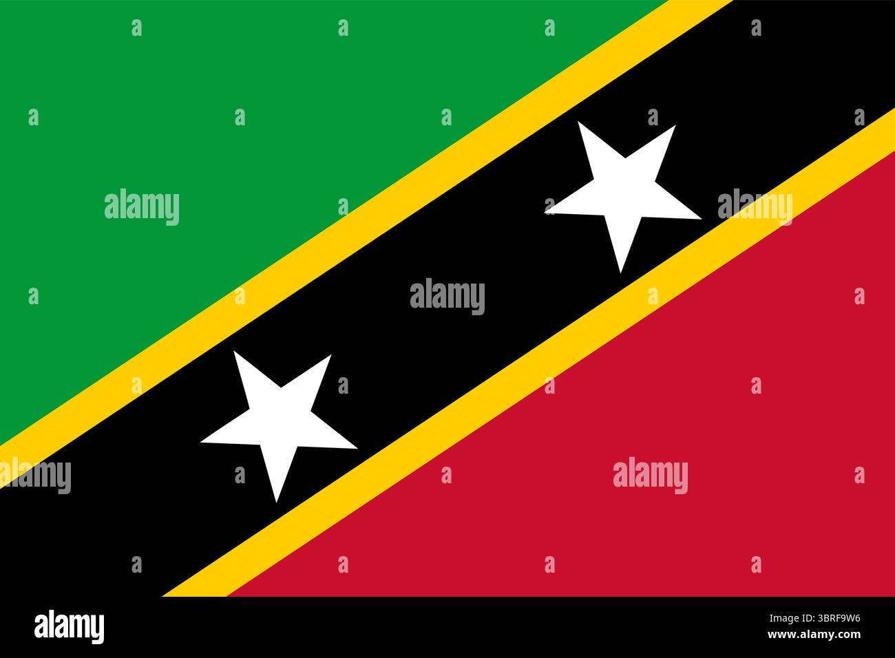 Drapeau de Saint-Kitts-et-Nevis – drapeau national officiel avec bande noire diagonale, vert, rouge, jaune et deux étoiles blanches symbolisant l'espoir, la lutte Illustration de Vecteur