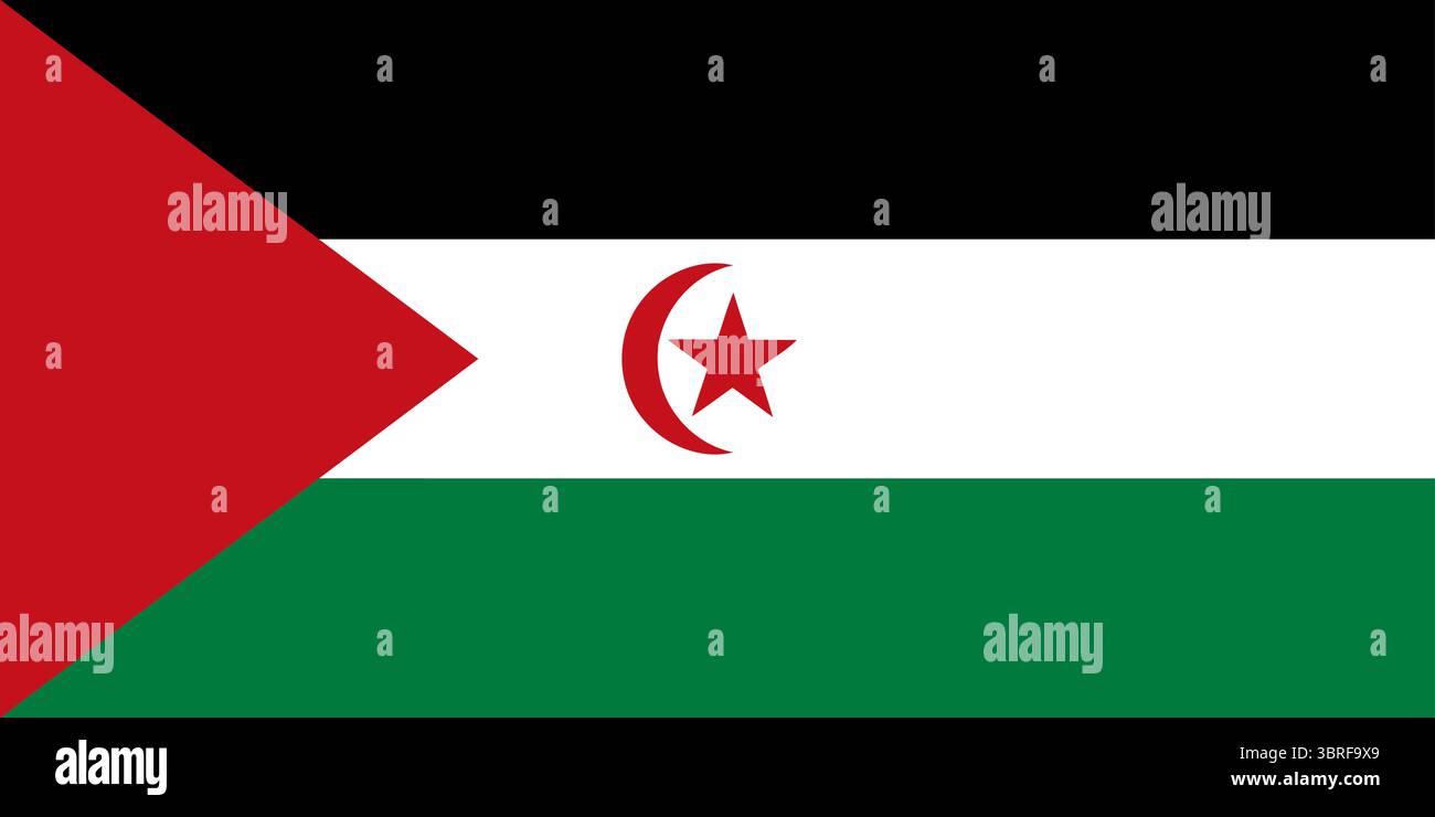Drapeau de la République arabe sahraouie démocratique – drapeau national officiel avec des bandes horizontales noires, blanches et vertes, un triangle rouge et une étoile en croissant Illustration de Vecteur