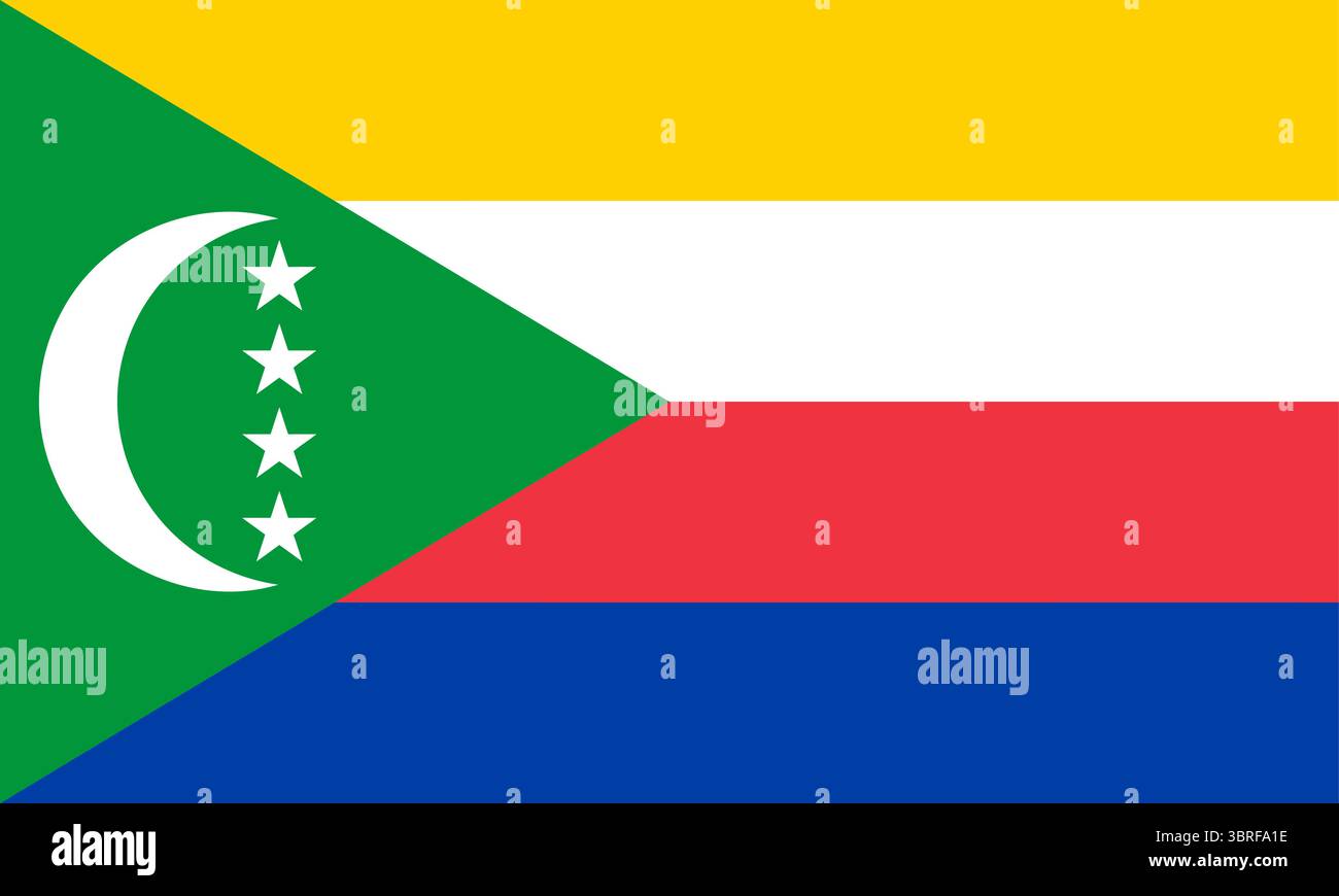 Drapeau des Comores – drapeau national officiel avec quatre bandes horizontales et un triangle vert contenant un croissant blanc et quatre étoiles, symbolisant l'unité Illustration de Vecteur