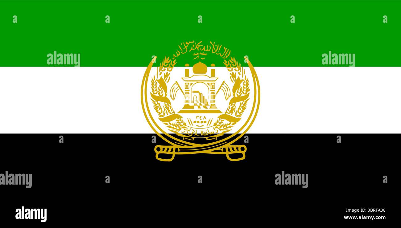 Drapeau de l'Afghanistan (1992-2001) - drapeau de l'ère de l'État islamique avec noir, vert, tricolore blanc et armoiries au centre, historique post-communiste Illustration de Vecteur