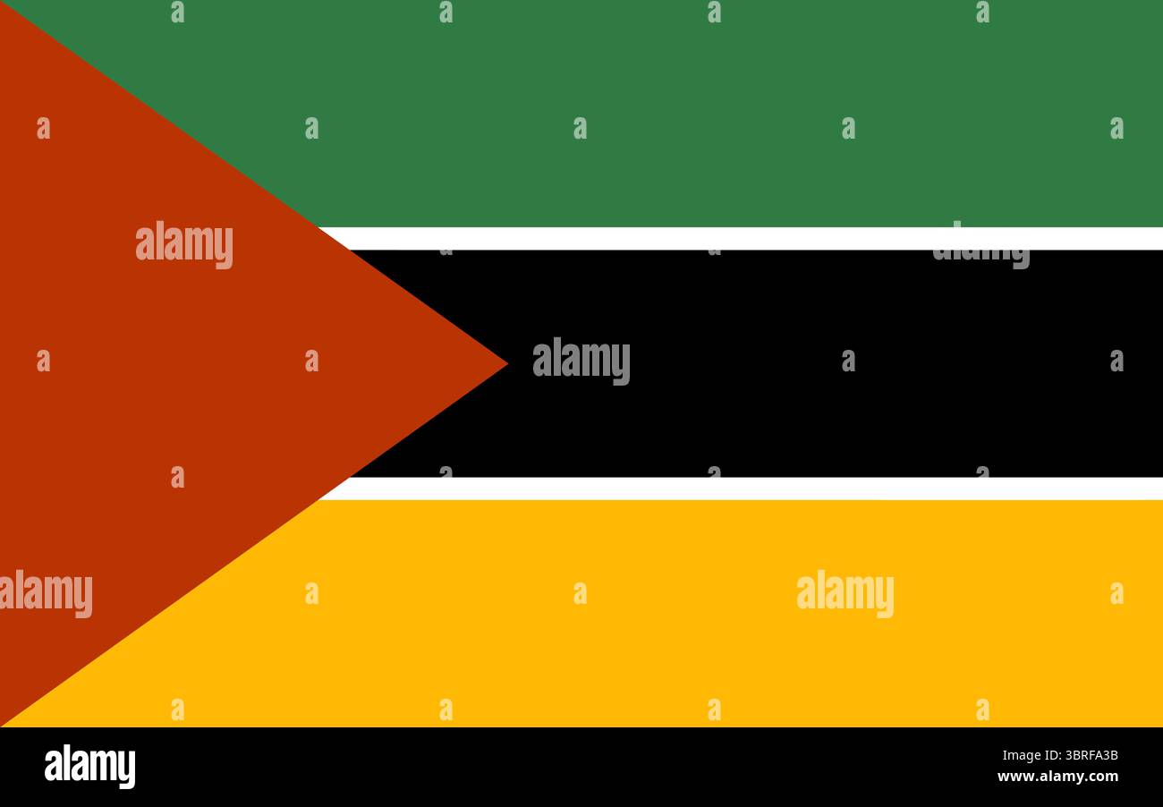 Drapeau du Mozambique (1974-1975) – drapeau national historique utilisé pendant la transition à l'indépendance, tricolore vert-noir-jaune avec triangle rouge, vecteur Illustration de Vecteur