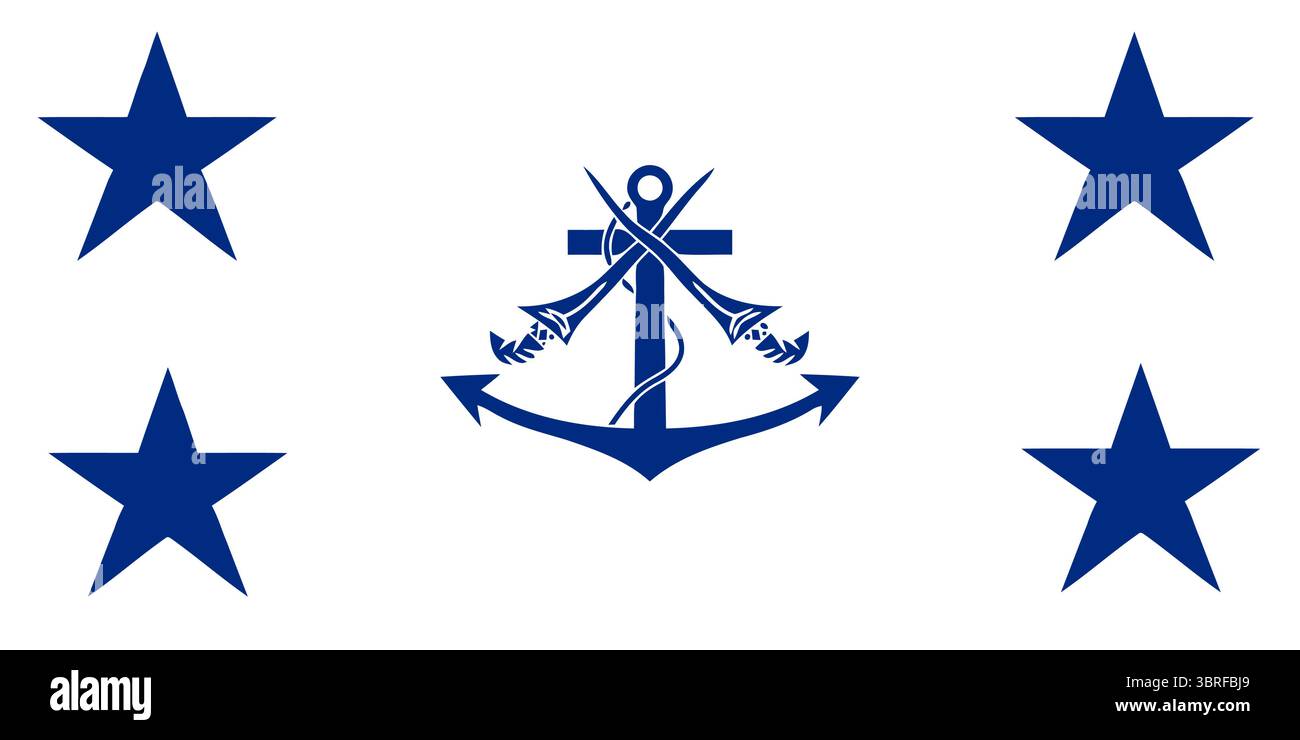 Drapeau du chef de la marine royale malaisienne – drapeau blanc avec ancre blindée et kris croisés, quatre étoiles bleues aux coins, illustration vectorielle, Illustration de Vecteur