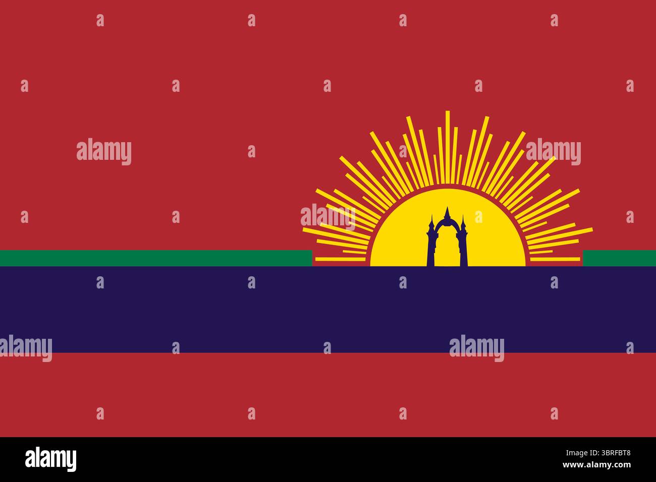 Drapeau de l'État de Carabobo, Venezuela – drapeau régional officiel avec fond rouge-violet, bande bleue, ligne verte, soleil levant jaune et arche de Carabobo Illustration de Vecteur