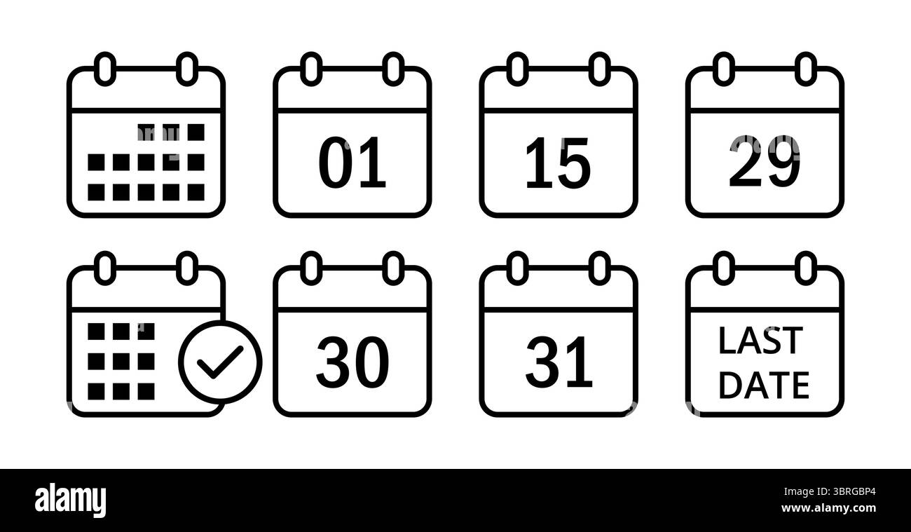 Jeu d'icônes de calendrier avec les dates importantes et les indicateurs de date limite, y compris le début et la fin mensuels, les 15e et 31e jours, les marqueurs d'événements Illustration de Vecteur