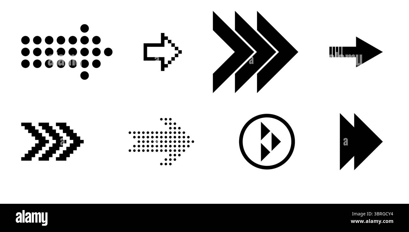 Flèches vectorielles pointant vers la gauche vers la droite vers le bas pour les icônes de navigation gestuelle de défilement et de balayage avec des éléments de conception de ligne et de pixel pour le changement de diapositive et Illustration de Vecteur