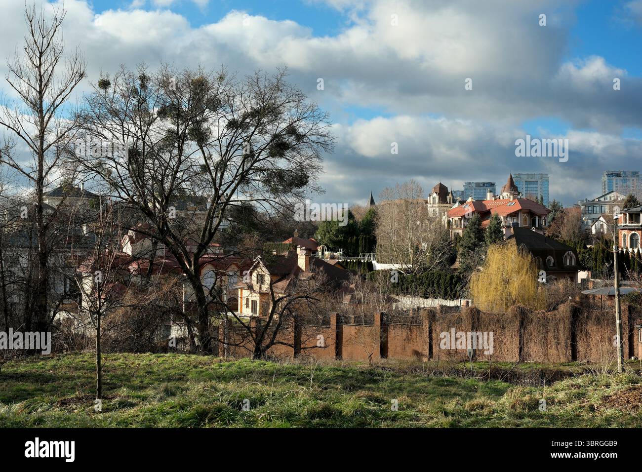 Une végétation luxuriante entoure de vieux bâtiments sur fond de ciel spectaculaire. Banque D'Images