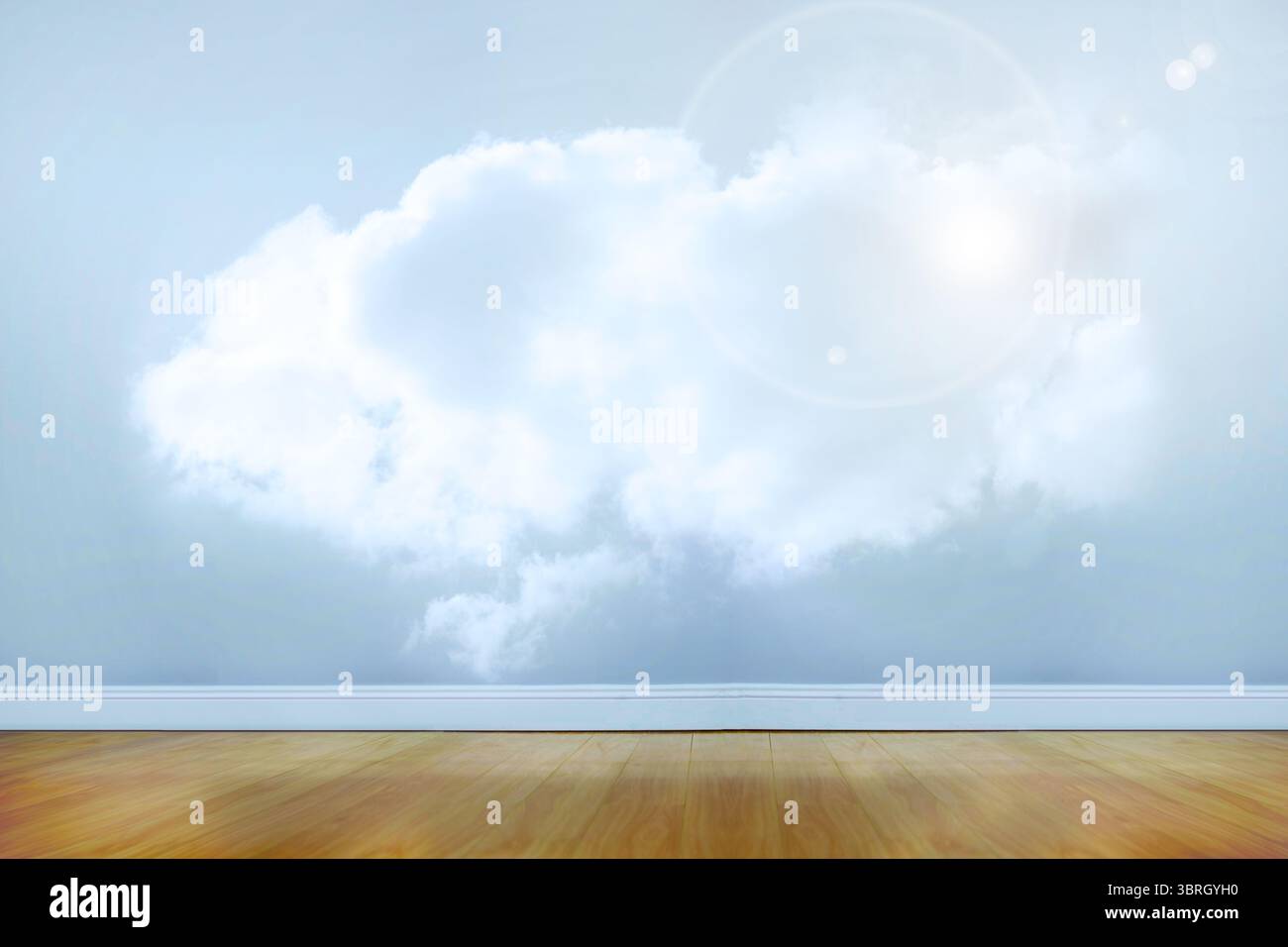 Motif nuage plat flottant sur un mur bleu pâle avec plancher, plinthe et reflets de lentille Banque D'Images Motif nuage plat flottant sur un mur bleu pâle avec plancher, plinthe et reflets de lentille Banque D'Images
