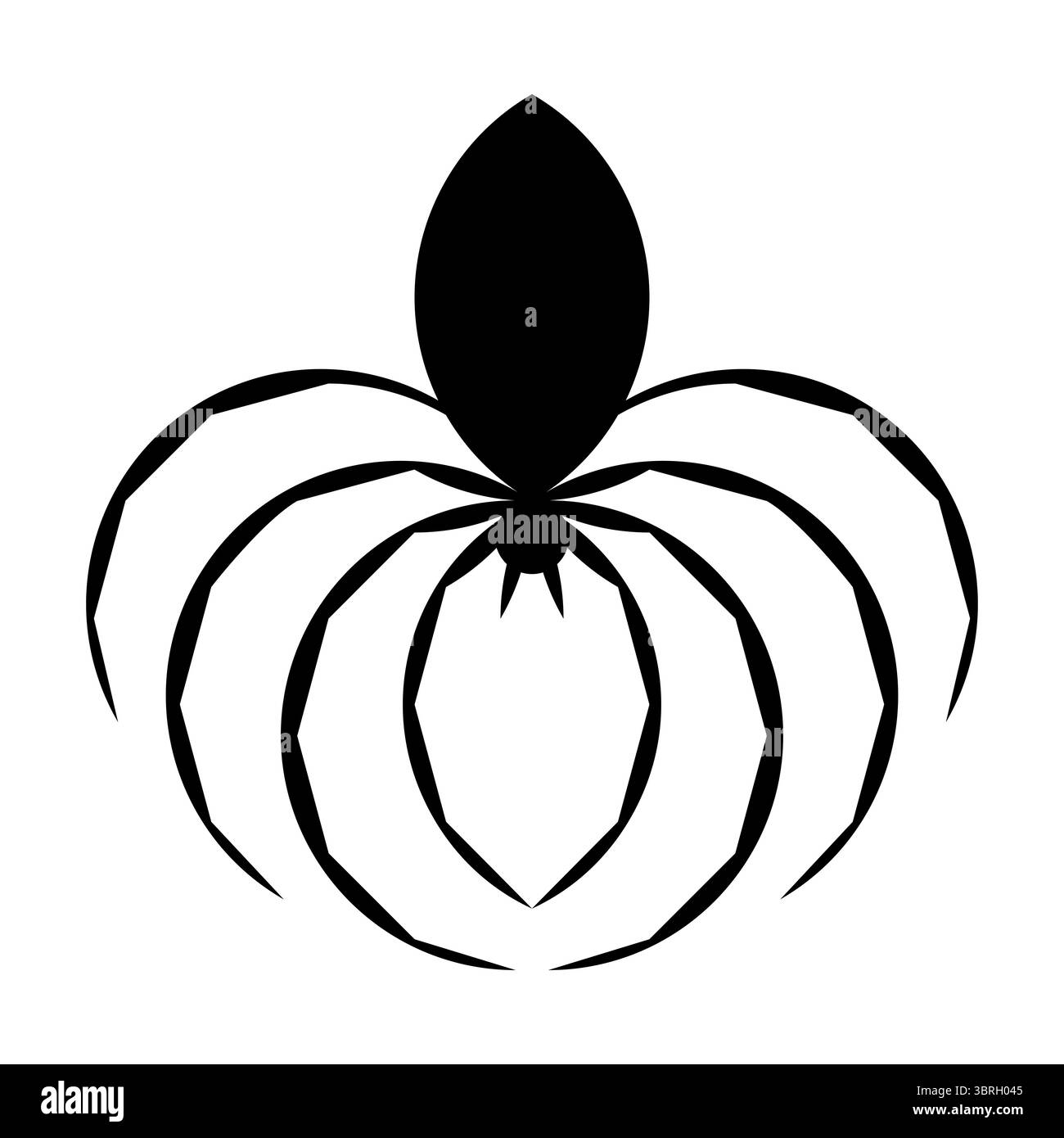 Araignée noire. Représentation stylisée de la silhouette d'une araignée noire, montrant huit pattes disposées géométriquement, une tête ronde avec des crocs. Banque D'Images