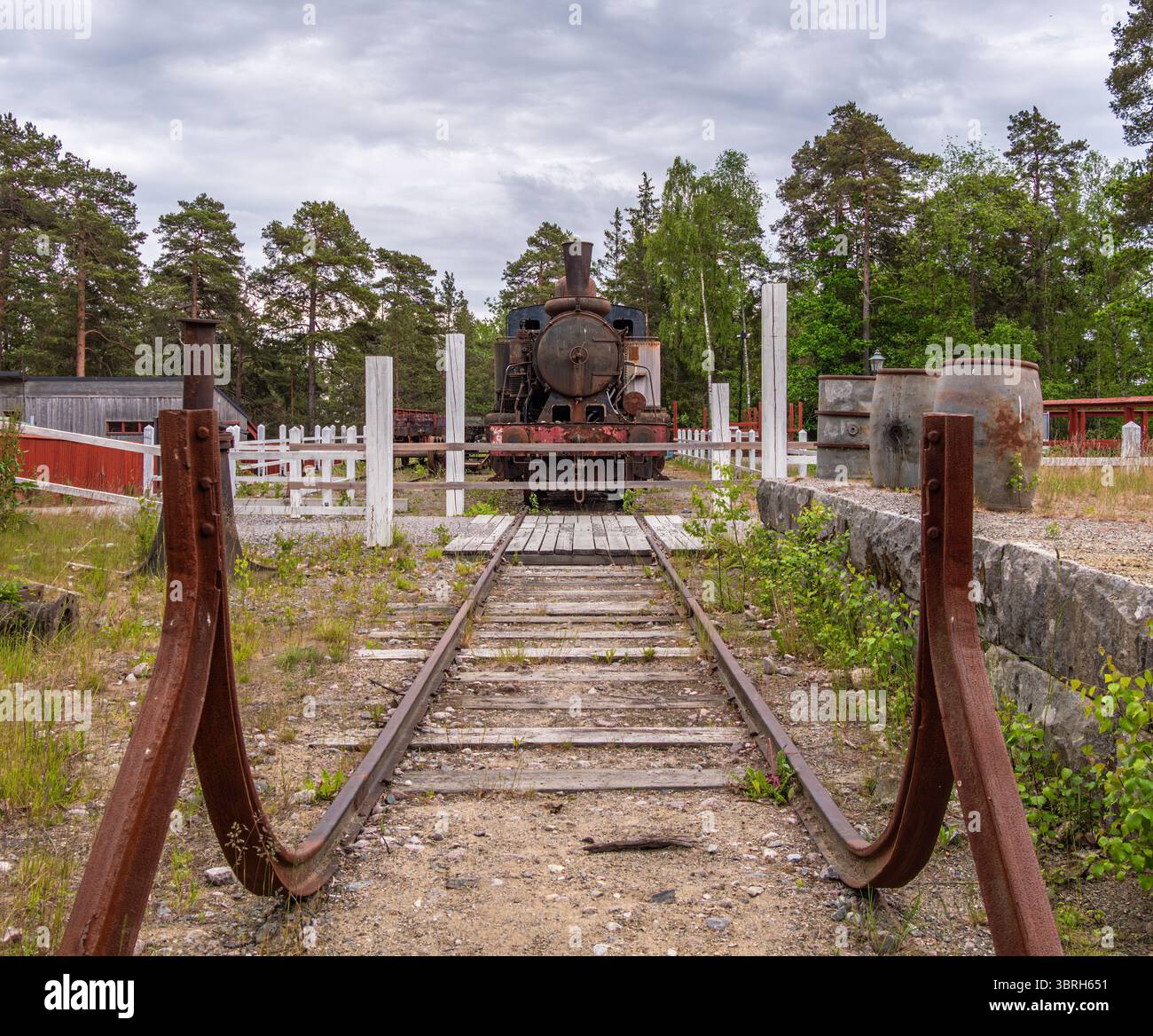 Sodertalje, Suède - 6 juin 2025 : une vieille locomotive à vapeur se trouve sur des voies abandonnées entourées de végétation envahie par la végétation et les arbres, évoquant un sentiment de n Banque D'Images