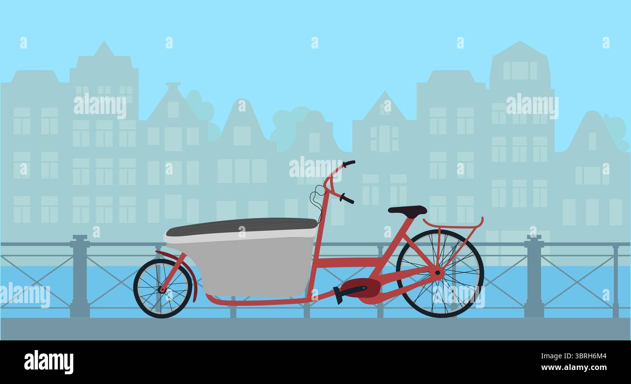Un vélo cargo debout près d'une clôture à la rive du canal à Amsterdam ou ville européenne. Illustration de Vecteur