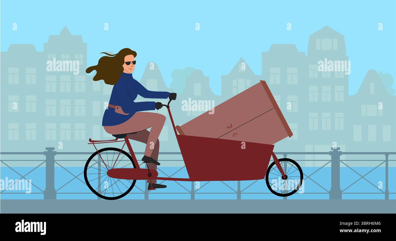 Une femme chevauchant un vélo cargo avec des bagages lourds en ville le long d'une clôture à la rive du canal à Amsterdam ou ville européenne. Illustration de Vecteur