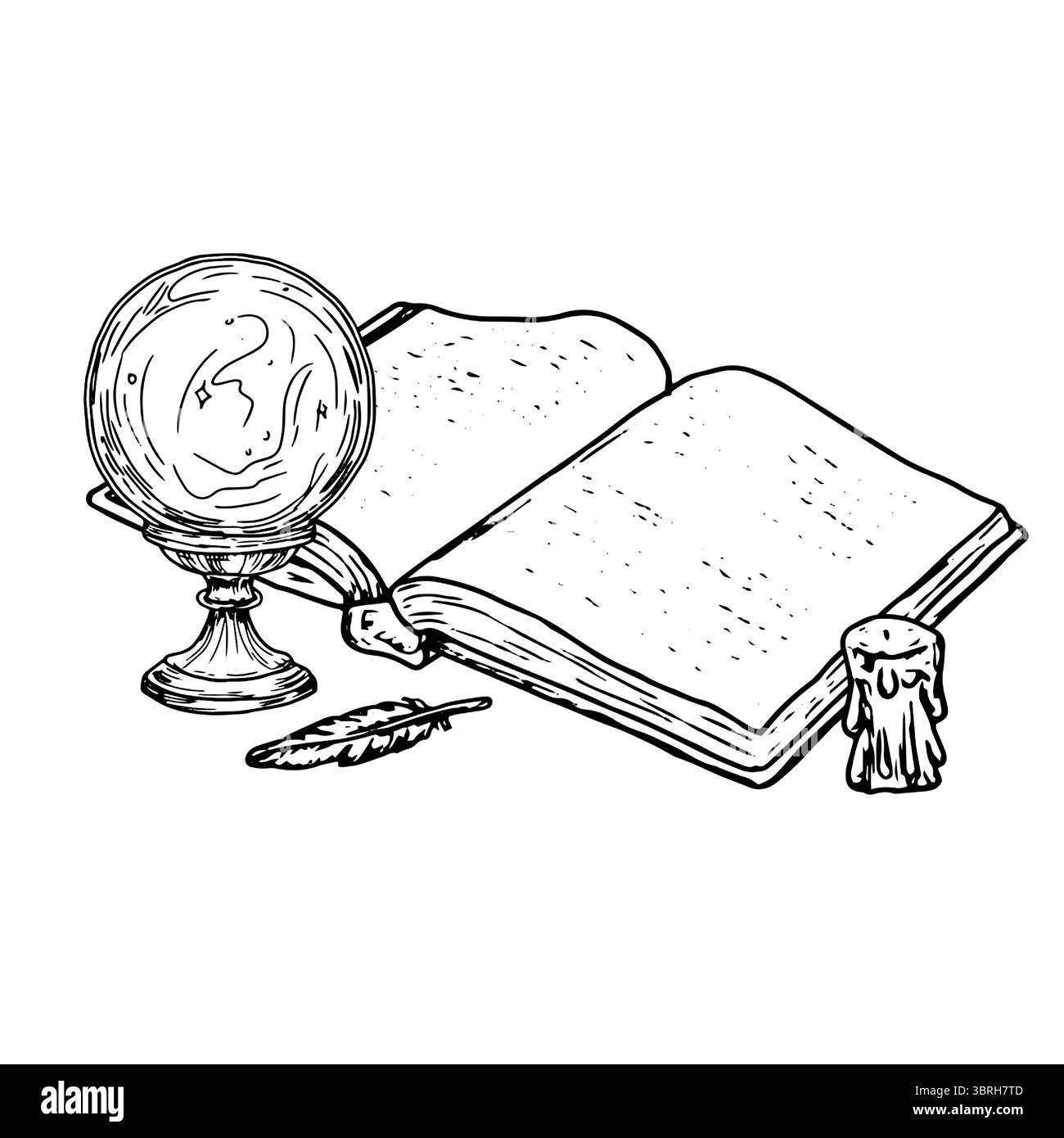 Boule magique en cristal, livre ouvert, bougie à gouttière et plume de corbeau à côté, croquis à l'encre noir et blanc. Illustration vectorielle. Un mystique Illustration de Vecteur