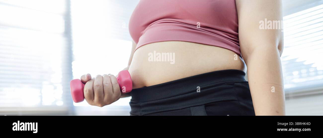 Femme en surpoids exerçant pour perdre du poids. Exercice avec des haltères dans des positions d'étirement à la maison dans le salon joyeux Fat Woman santé diététique Banque D'Images
