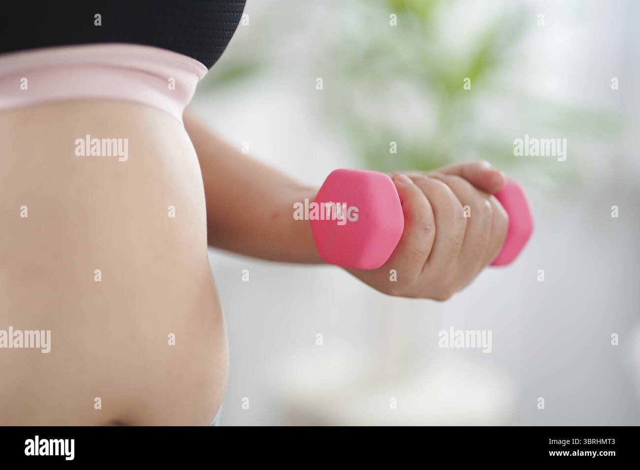 Femme en surpoids exerçant pour perdre du poids. Exercice avec des haltères dans des positions d'étirement à la maison dans le salon joyeux Fat Woman santé diététique Banque D'Images