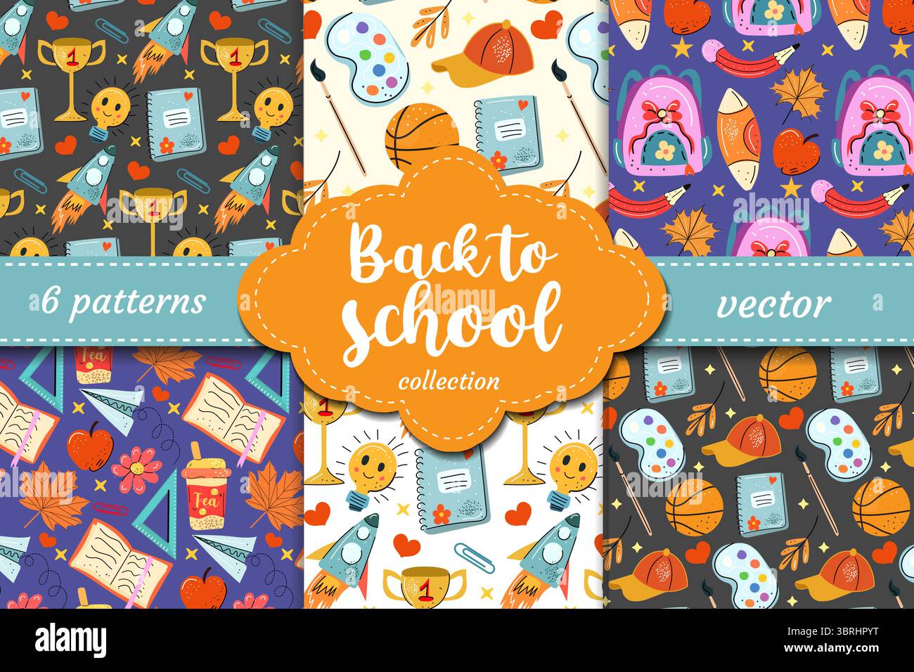Motifs sans couture vectoriels de retour à l'école. Fusées dessinées à la main, cahiers, trophées, peinture, sacs à dos et livres. Design de dessin animé amusant pour la papeterie pour enfants Illustration de Vecteur