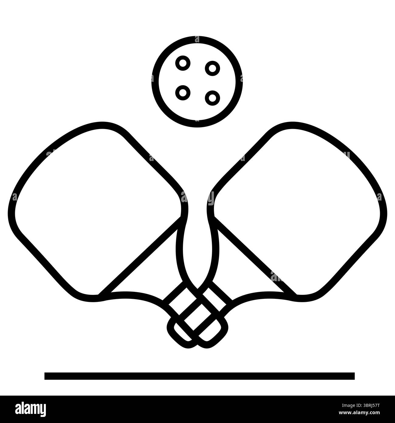Vecteur d'art de ligne de deux pagaies croisées de pickleball avec une balle au-dessus et la ligne de base. Design épuré et moderne parfait pour les applications sportives, infographie, marque Illustration de Vecteur