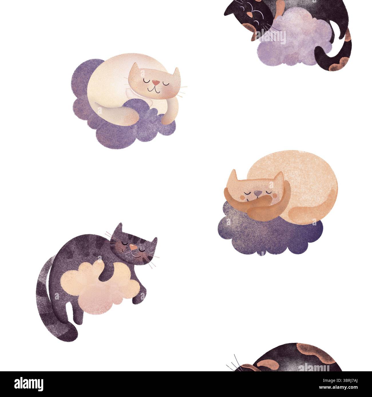 Illustration numérique dessinée à la main de chats mignons dormant sur des nuages de différentes couleurs. Texture aquarelle, parfaite pour les livres pour enfants, l'art de la pépinière, ou g. Banque D'Images