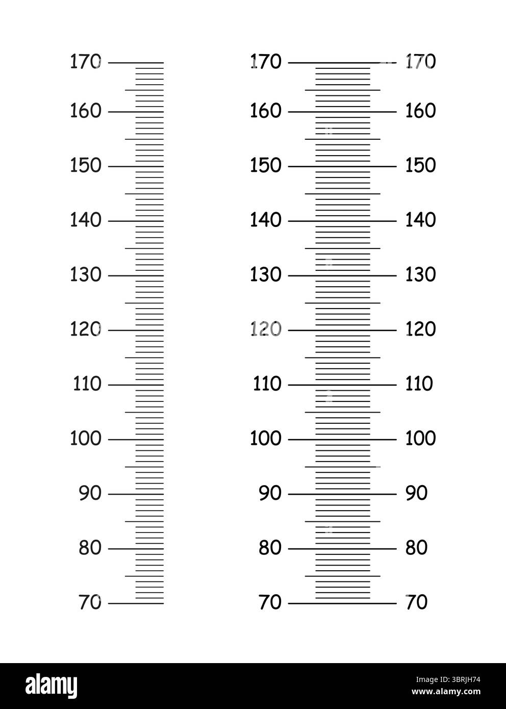 Tableau des hauteurs de 70 à 170 centimètres. Ensemble de maquettes pour autocollant de croissance murale. Modèle de mur de mètre ou de règle de croissance. Illustration graphique noire. Illustration de Vecteur