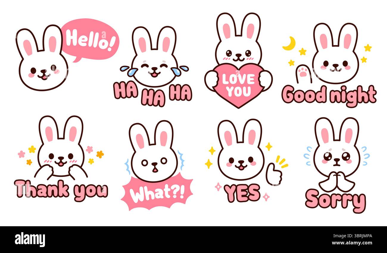 Ensemble d'autocollants de personnage de lapin de dessin animé mignon. Chat emoji avec des messages texte : Bonjour, désolé, Merci, aimez-vous, etc. Kawaii lapin blanc vecteur illustrati Illustration de Vecteur