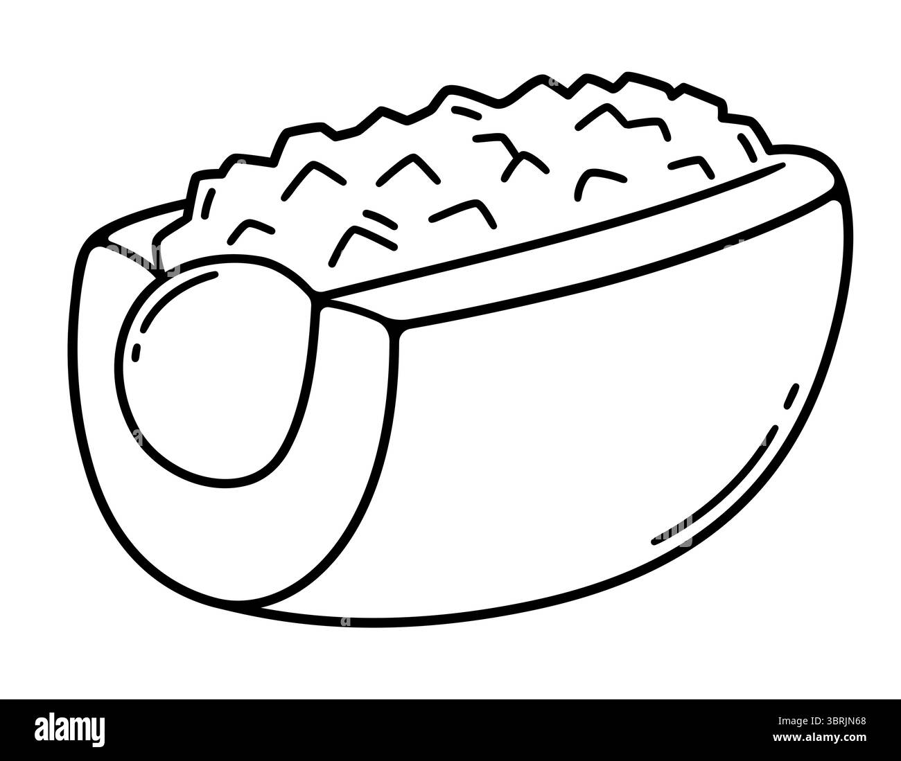 Choripan, sandwich asado chilien avec saucisse au chorizo grillée et salsa au pebre. Dessin de dessin animé, ligne noire et blanche optimisée Illustration vectorielle isolée Illustration de Vecteur