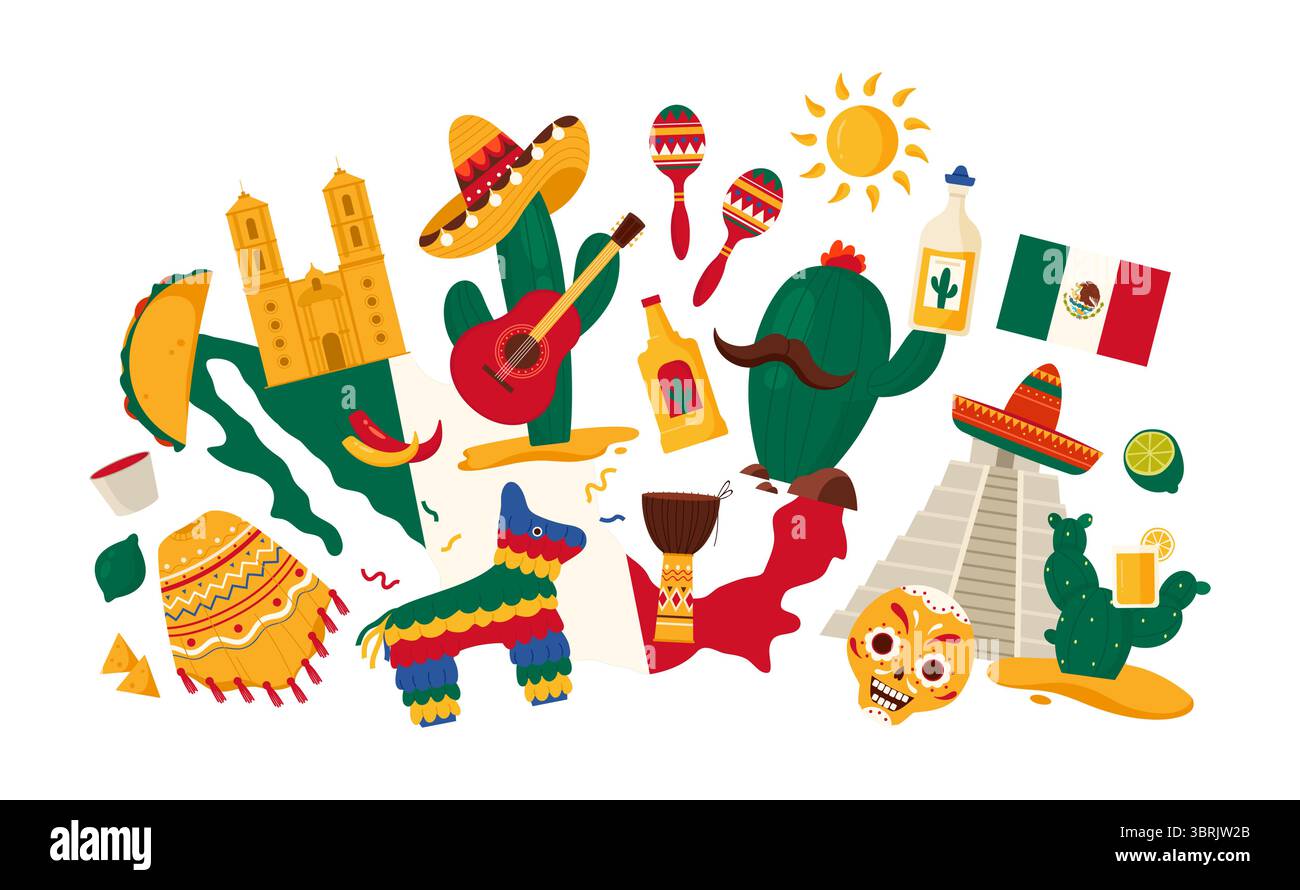 Éléments culturels du Mexique, collage infographique. Symboles de festival et de voyage mexicains, nourriture traditionnelle et tequila, cactus et ancienne pyramide aztèque, soleil chaud de l'illustration vectorielle de dessin animé fiesta Illustration de Vecteur