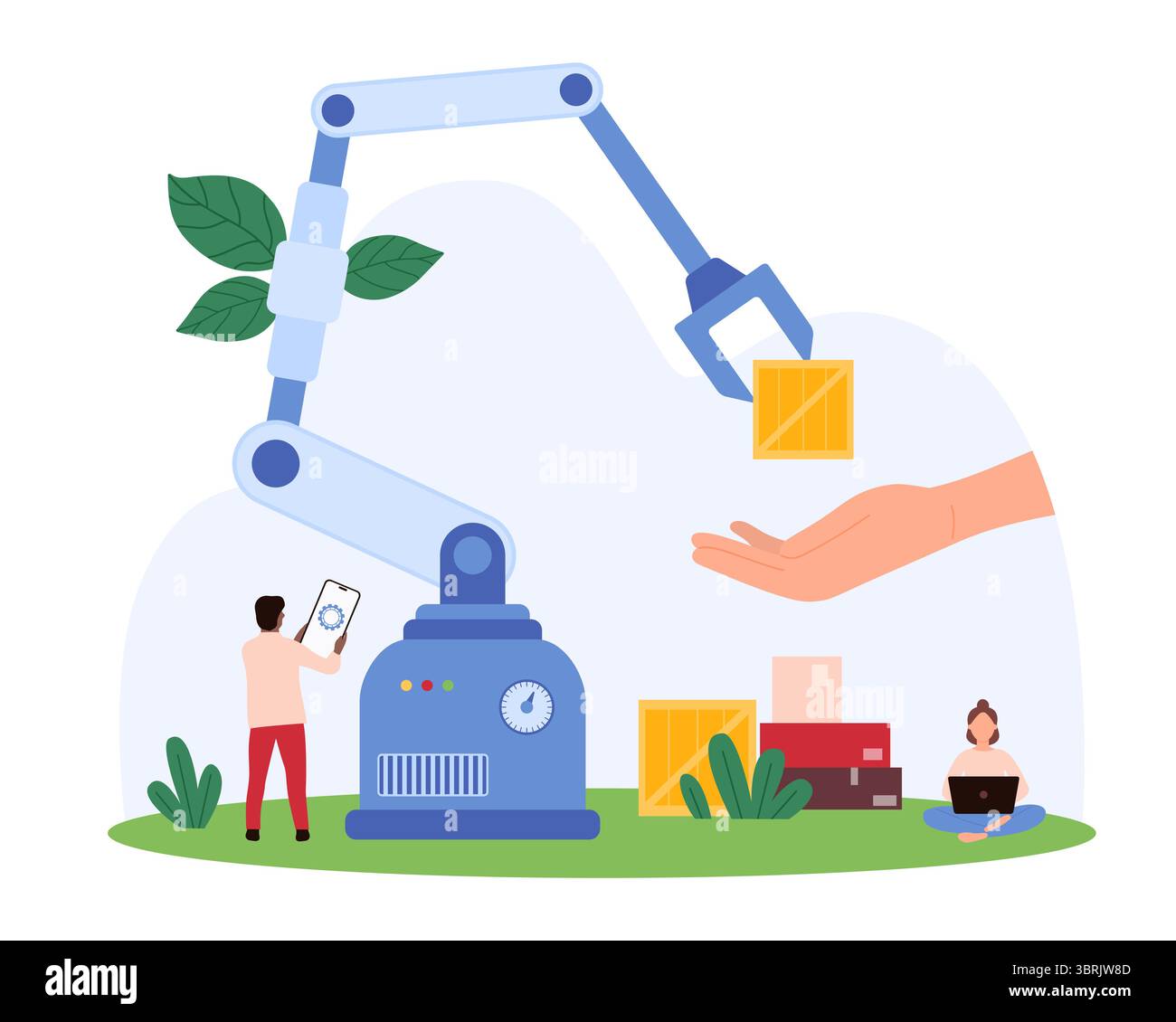 Illustration vectorielle de minuscules personnes utilisant la robotique pour l'automatisation des entrepôts, en se concentrant sur l'efficacité, la logistique et le progrès technologique dans les opérations industrielles. Illustration de Vecteur