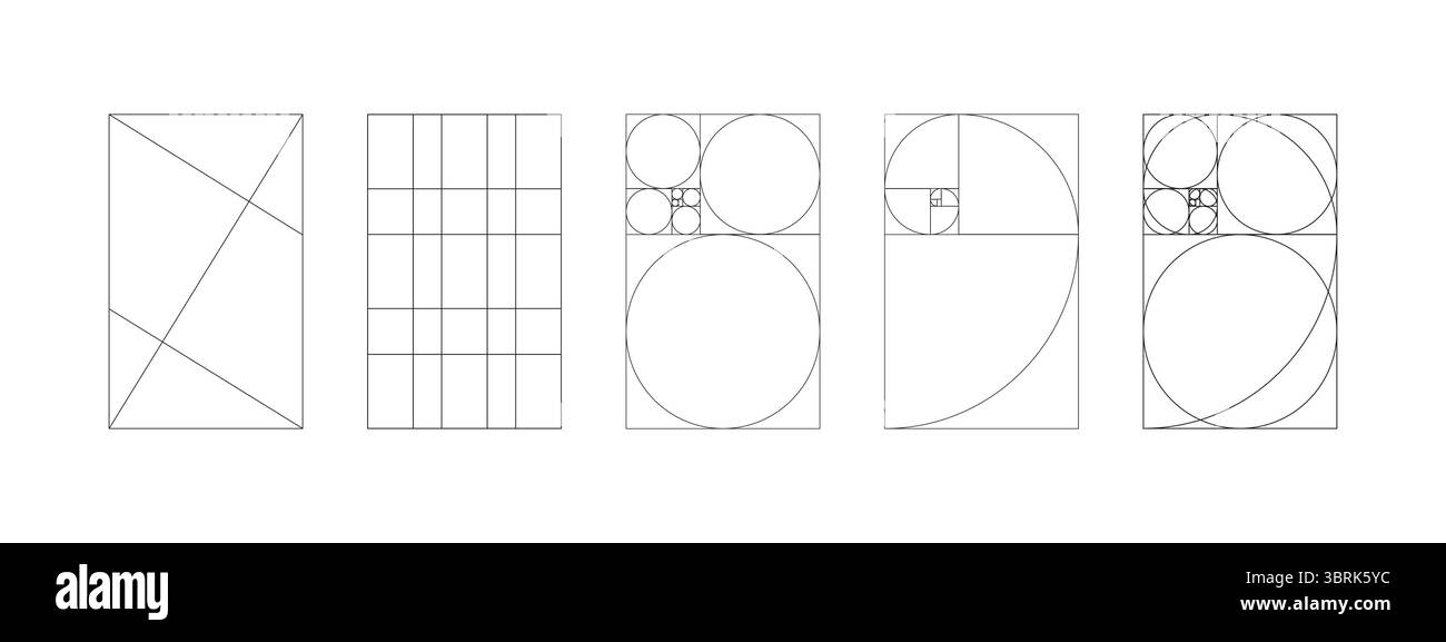 Ensemble de motifs de proportion d'or. Maquette de la section dorée de la méthode. Tableau de Fibonacci, nombres formes minimalistes. Cadres noirs Harmony proportions. Contour fin Illustration de Vecteur