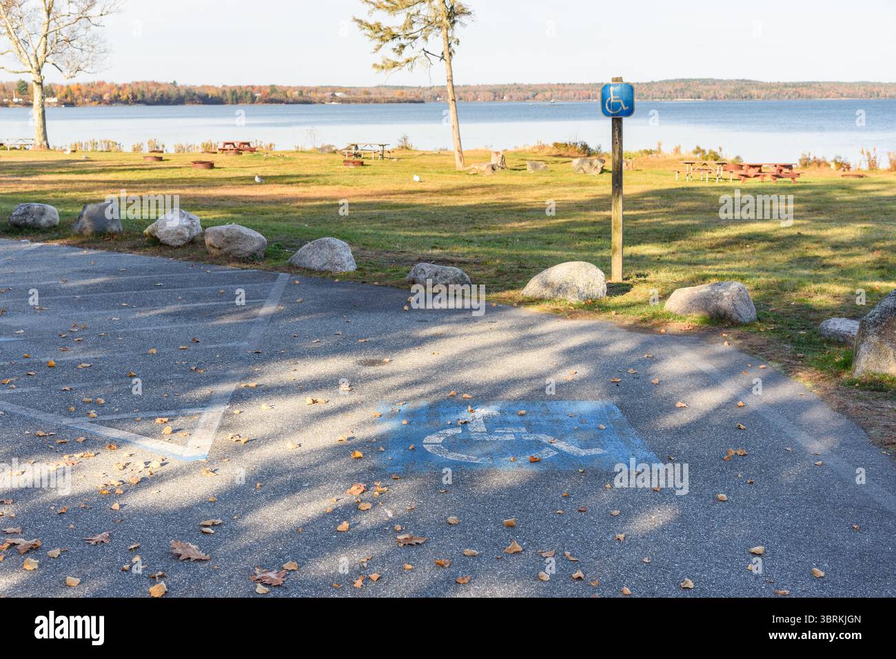Place de parking vide réservée aux personnes handicapées dans un parc public côtier par une journée ensoleillée d'automne Banque D'Images