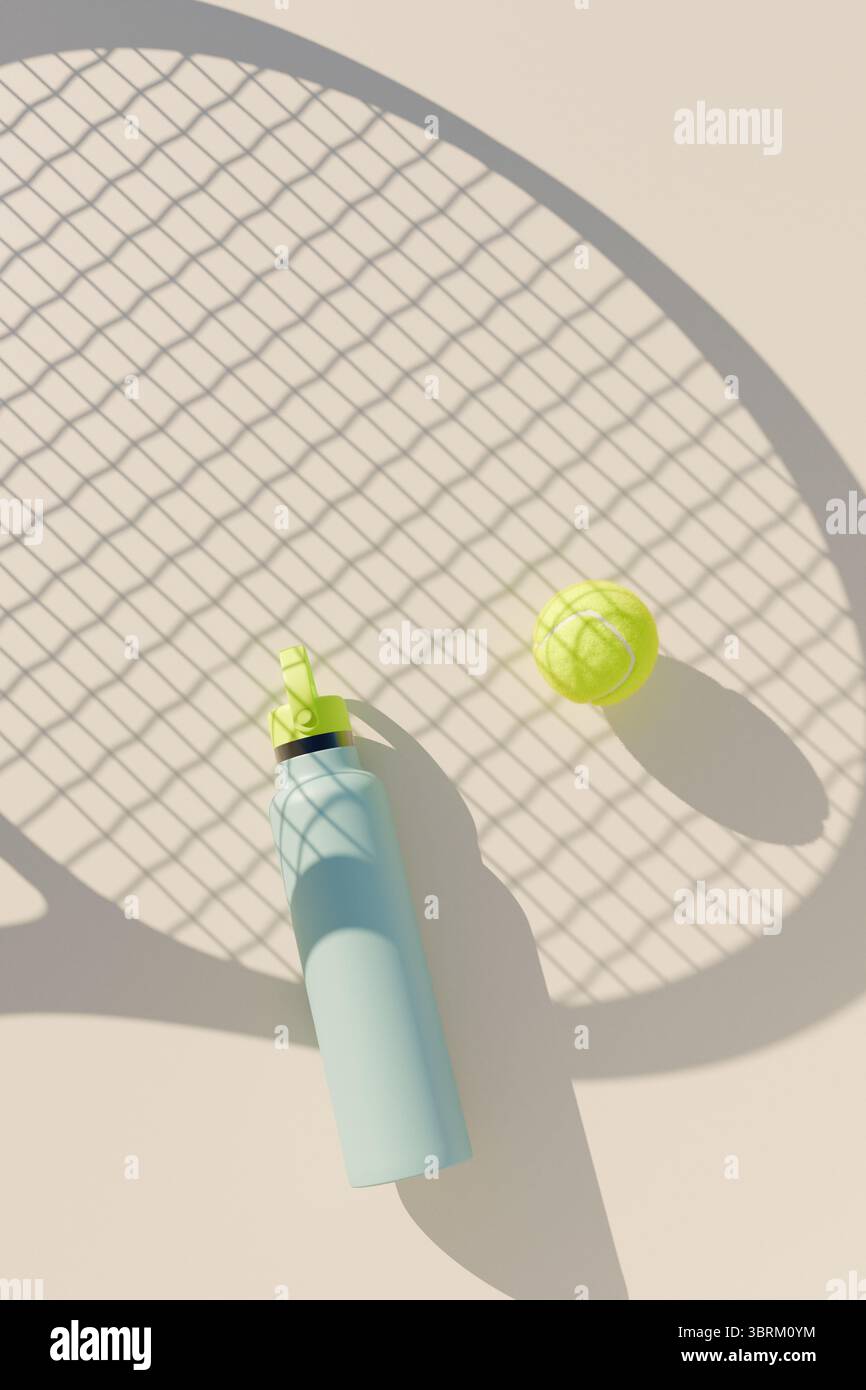Raquette de tennis, balle et bouteille d'eau avec des ombres sur un fond clair, suggérant une activité sportive. rendu 3d. Banque D'Images