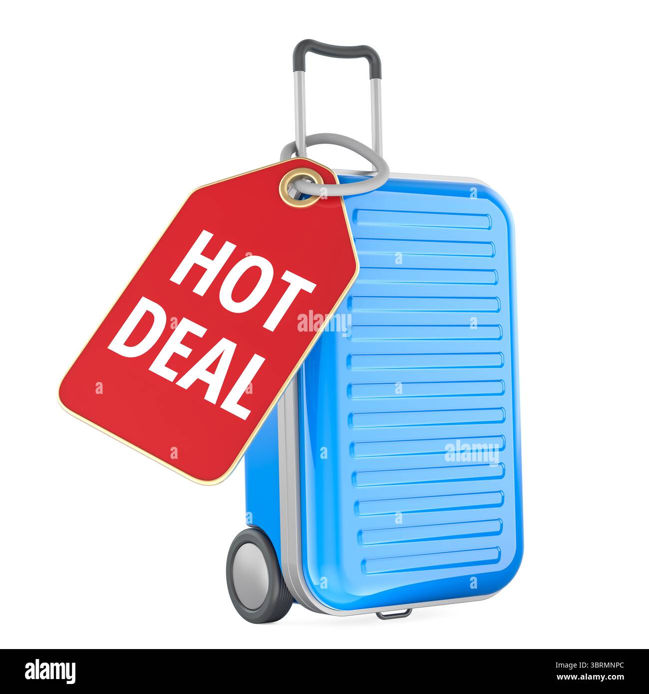 Valise bleue avec étiquette Hot Deal. Rendu 3D isolé sur fond blanc Banque D'Images