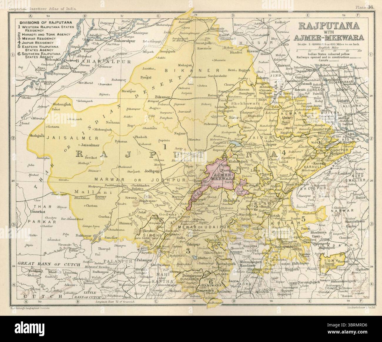 Carte de Rajputana avec Ajmer-Merwara de l'Inde britannique, publiée dans le 'Imperial Gazetteer of India' (Vol. XXVI, Atlas ; édition révisée de 1931 ; planche no. 36). Banque D'Images