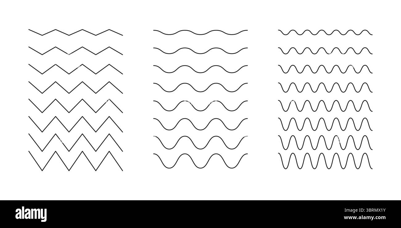 Lignes minimalistes ondulées, sinueuses et zigzag. Bordures ondulées noires simples, ligne horizontale transversale. Sinus, fluide, air, signe du vent. Eau, rivière, lac, mer Illustration de Vecteur