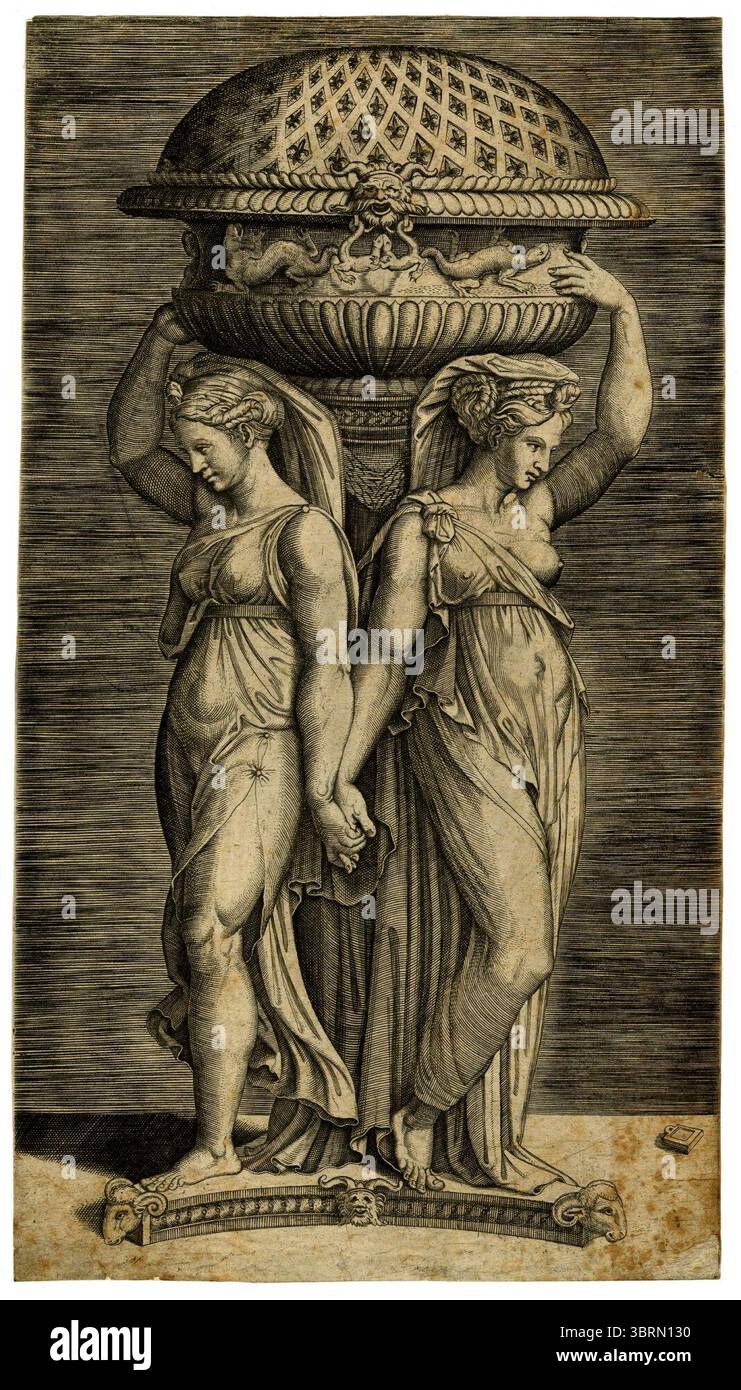 Marcantonio - après - deux caryatides, appuyées contre une colonne tronquée, soutenant une censure décorée de motifs de fleurs et de salamandre, avec un bras et tenant les mains avec l'autre, H,3,89. Banque D'Images