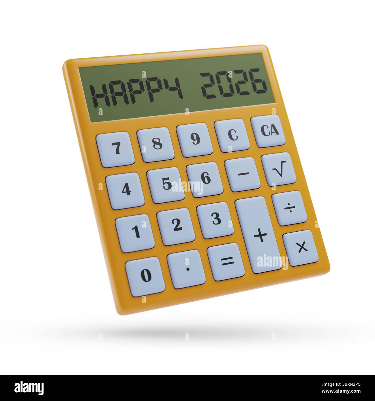Calculatrice avec le texte Happy 2026 sur son écran. Illustration 3D. Banque D'Images