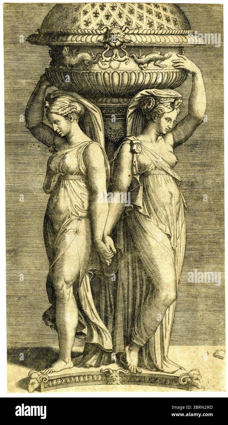 Marcantonio - deux caryatides, appuyées contre une colonne tronquée, soutenant une censure décorée de motifs de fleurs et de salamandre, avec un bras et tenant les mains avec l'autre, 1874,0808,242. Banque D'Images