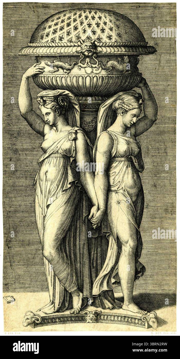 Marcantonio - deux caryatides, appuyées contre une colonne tronquée, soutenant une censure décorée de motifs de fleurs et de salamandre, avec un bras et tenant les mains avec l'autre, H,3,87. Banque D'Images