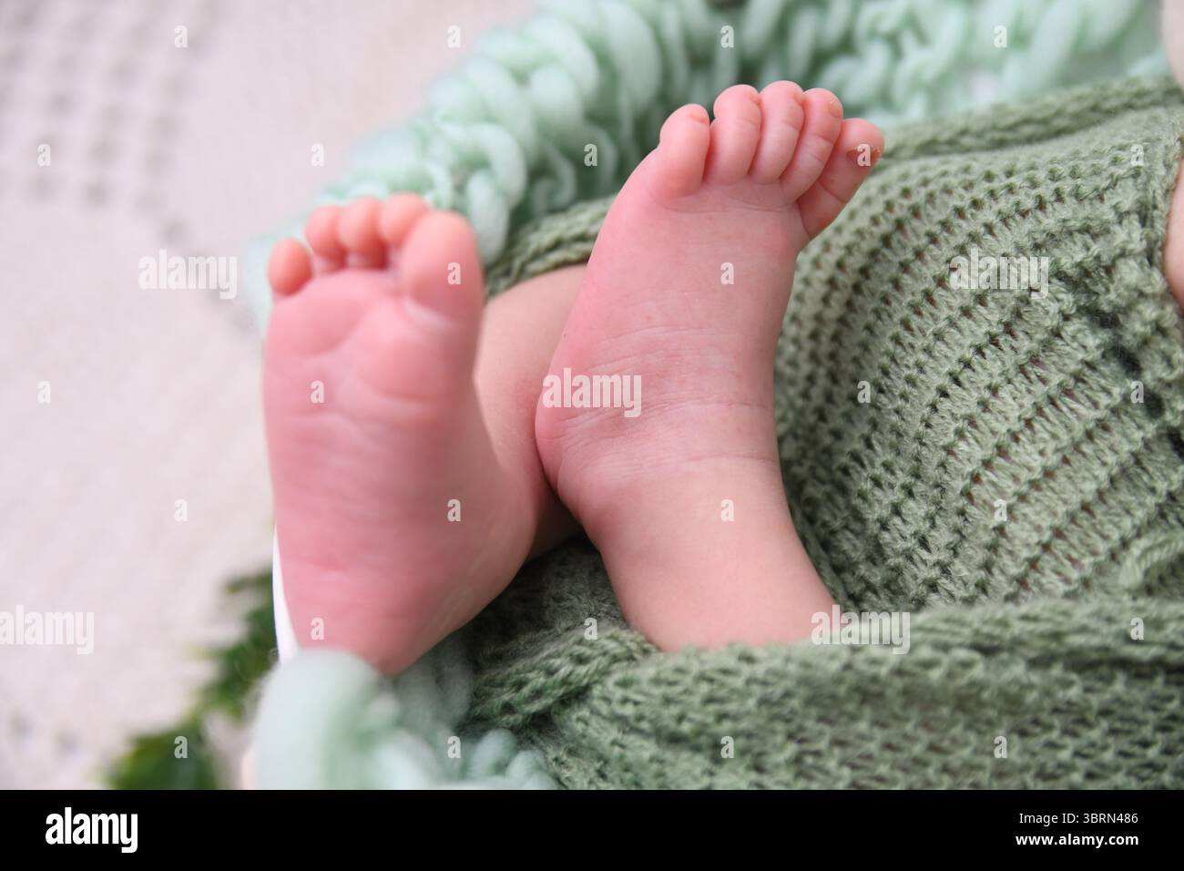 Gros plan de pieds de bébé enveloppés dans une couverture tricotée verte douce – concept nouveau-né Banque D'Images