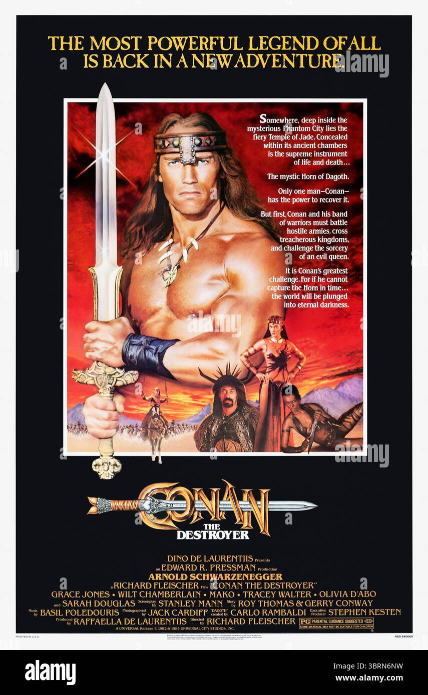 Conan the Destroyer (1984) réalisé par Richard Fleischer et mettant en vedette Arnold Schwarzenegger, Grace Jones et Wilt Chamberlain. Conan se lance dans une quête pour récupérer un artefact magique et protéger une princesse. Photographie d'une affiche américaine originale de 1984 À USAGE ÉDITORIAL EXCLUSIF. Crédit : BFA / Universal Pictures Banque D'Images