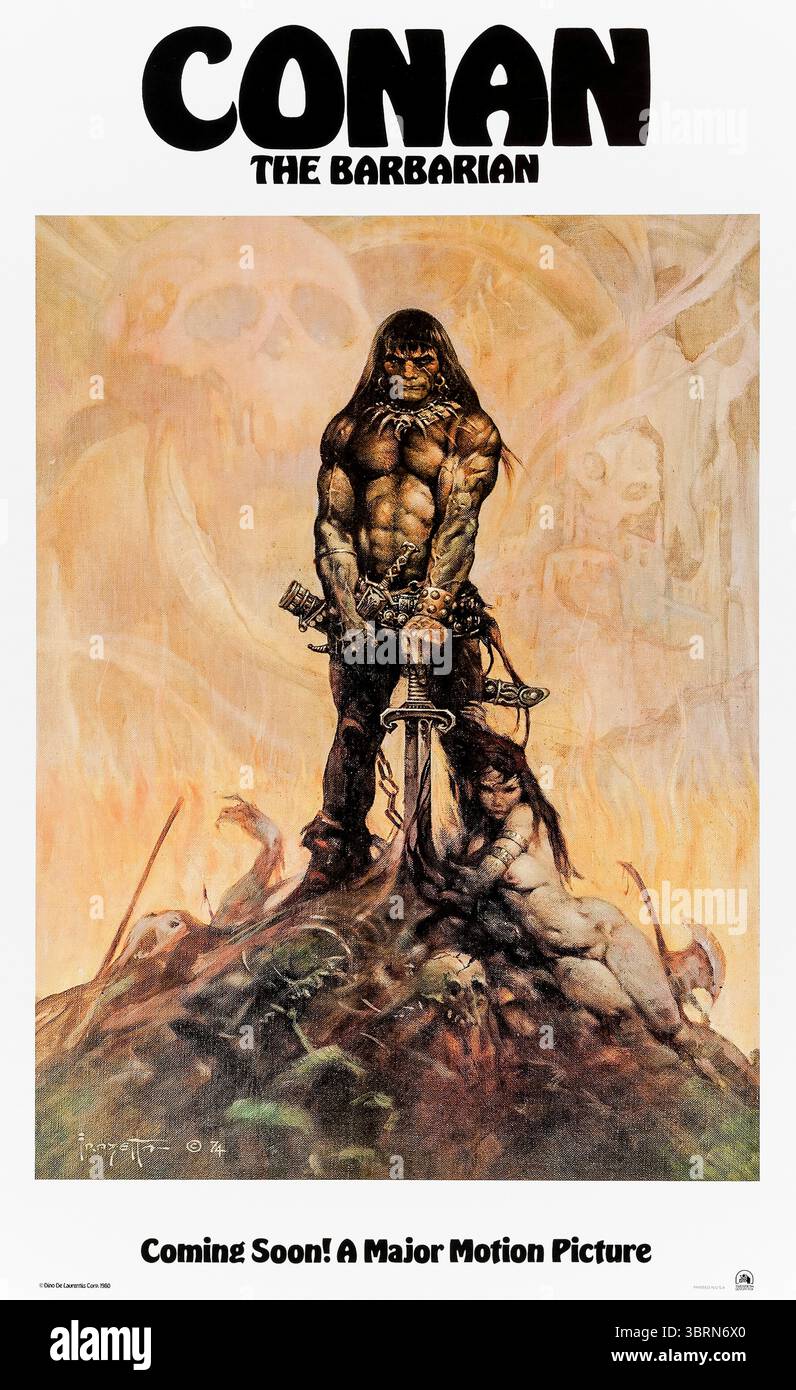 Conan le barbare (1982) réalisé par John Milius et mettant en vedette Arnold Schwarzenegger, James Earl Jones et Sandahl Bergman. Un jeune barbare cherche à se venger du seigneur de guerre qui a détruit son village. Photographie d'une affiche originale américaine de 1982 présentant des œuvres d'art de Frank Frazetta À USAGE ÉDITORIAL EXCLUSIF. Crédit : BFA / Universal Pictures Banque D'Images