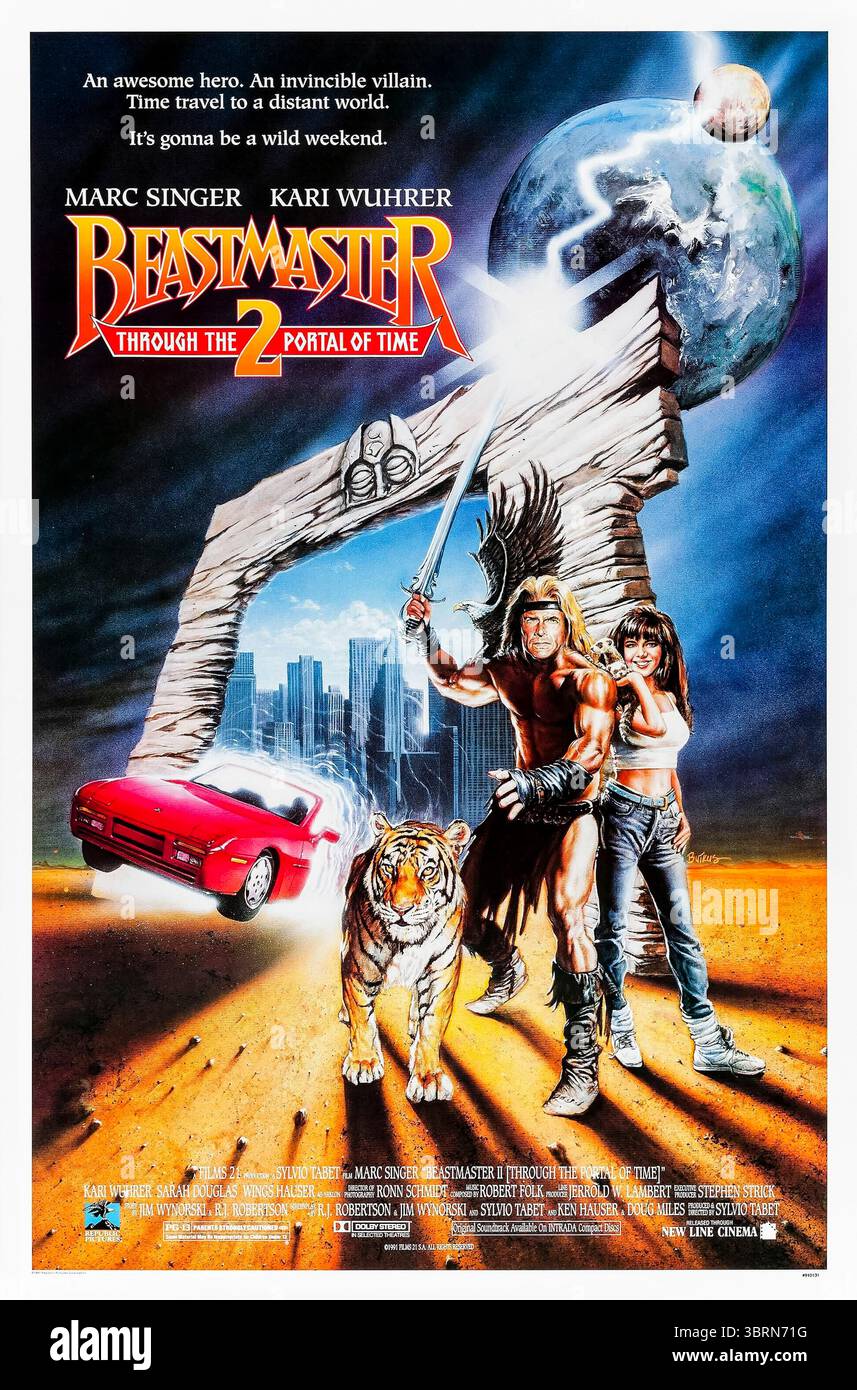 Beastmaster 2 : Through the Portal of Time (1991) réalisé par Sylvio Tabet avec Marc Singer, Kari Wuhrer et Sarah Douglas. L'héroïque Beastmaster voyage à travers un portail vers Los Angeles moderne pour arrêter un seigneur de guerre maléfique. Photographie d'une affiche originale américaine d'une feuille de 1991 présentant une œuvre d'art de Mike Butkus À USAGE ÉDITORIAL EXCLUSIF. Crédit : BFA / New Line Cinema Banque D'Images Beastmaster 2 : Through the Portal of Time (1991) réalisé par Sylvio Tabet avec Marc Singer, Kari Wuhrer et Sarah Douglas. L'héroïque Beastmaster voyage à travers un portail vers Los Angeles moderne pour arrêter un seigneur de guerre maléfique. Photographie d'une affiche originale américaine d'une feuille de 1991 présentant une œuvre d'art de Mike Butkus À USAGE ÉDITORIAL EXCLUSIF. Crédit : BFA / New Line Cinema Banque D'Images