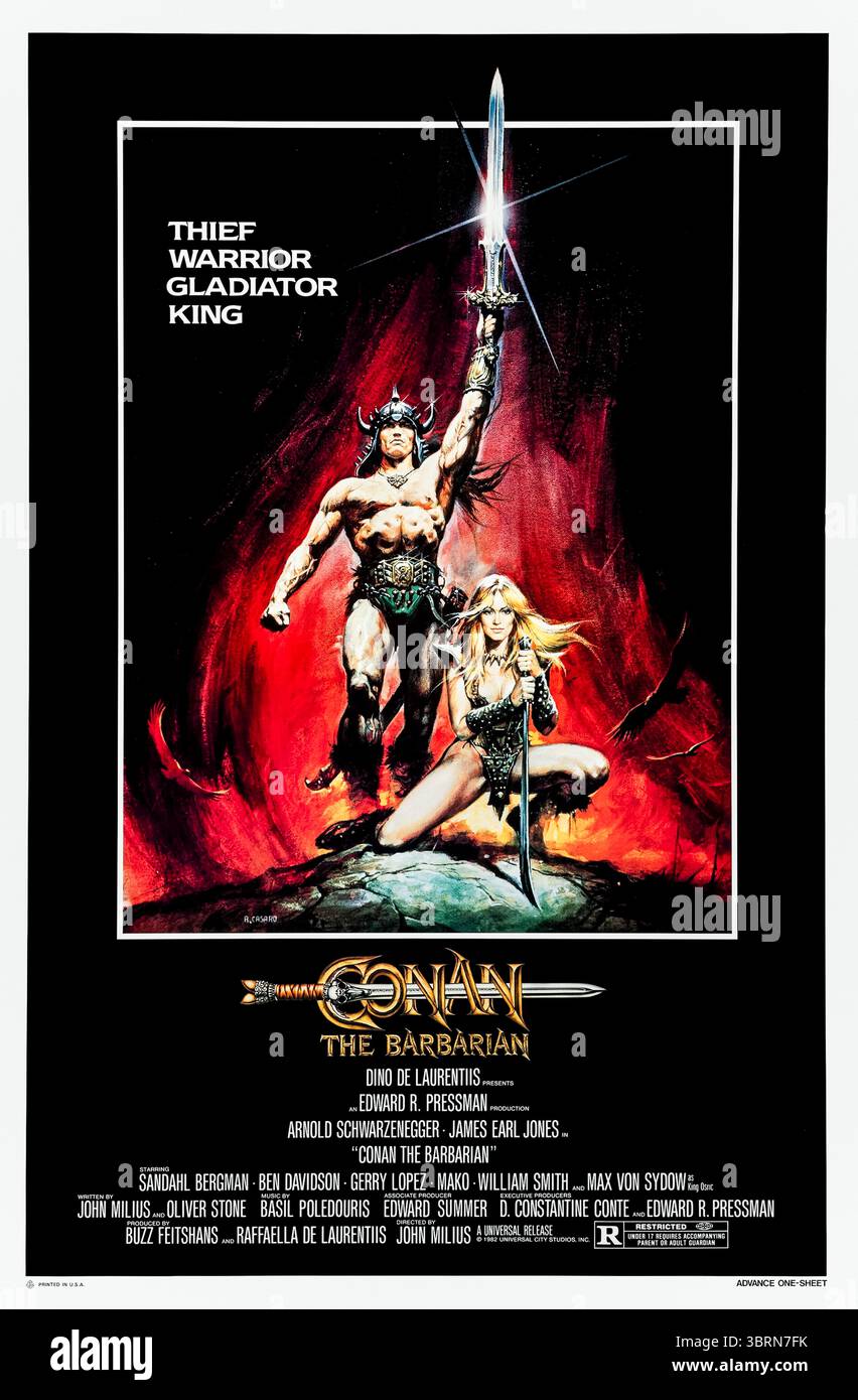 Conan le barbare (1982) réalisé par John Milius et mettant en vedette Arnold Schwarzenegger, James Earl Jones et Sandahl Bergman. Un jeune barbare cherche à se venger du seigneur de guerre qui a détruit son village. Photographie d'une affiche originale américaine d'une feuille de 1982 présentant des œuvres d'art de Renato Casaro À USAGE ÉDITORIAL EXCLUSIF. Crédit : BFA / Universal Pictures Banque D'Images