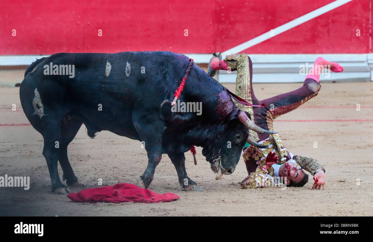 Pampelune, Espagne. 13 juillet 2025. Fernando Adrian est jeté par un dénommé Ardoso, pesant 595 kilos, du ranch de la Palmosilla dans la corrida dans la Feria del Toro, qui fait partie de la célèbre Fiesta de San Fermín à Pampelune, Espagne, le dimanche 13 juillet 2025. Adrian a pu retourner au combat et a reçu deux oreilles et porté sur les épaules des arènes. La fiesta se termine demain à minuit. Photo de Jim Hollander/UPI crédit : UPI/Alamy Live News Banque D'Images