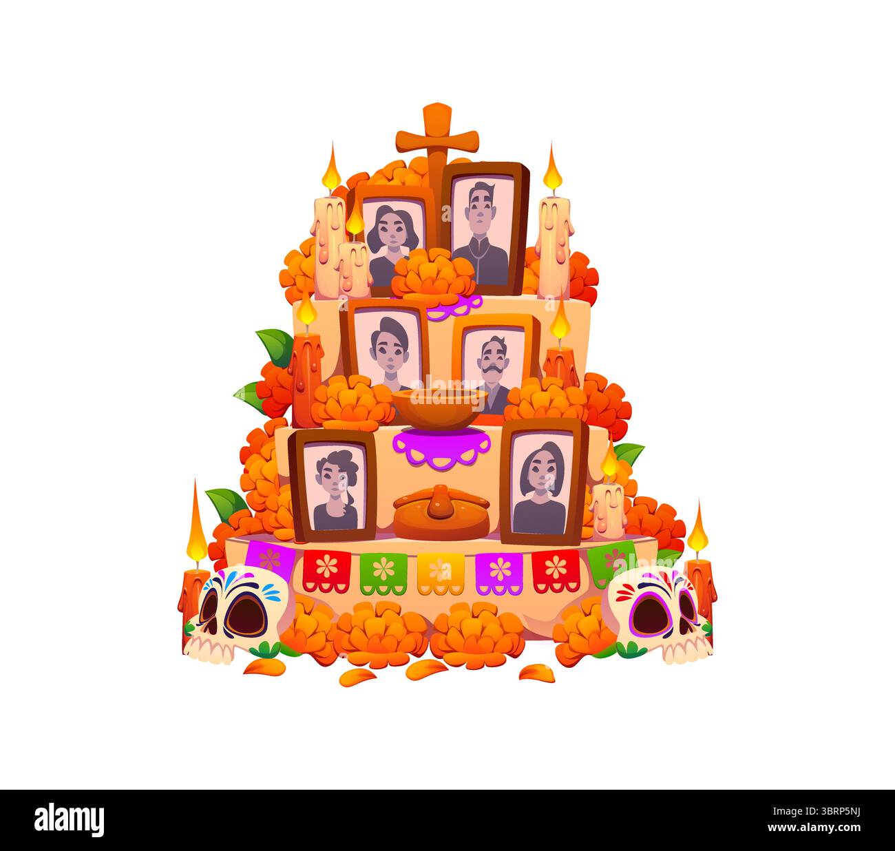 Jour de dessin animé de l'autel Dead dia de los muertos mexicain ofrenda orné de soucis traditionnels, bougies, crânes et photos encadrées, il reflète le riche patrimoine culturel et le souvenir ancestral Illustration de Vecteur