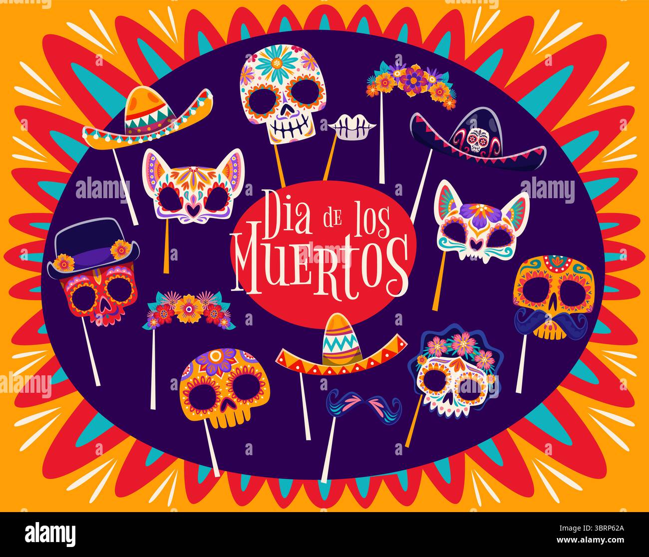 Jour mort mexicain et Halloween cabine photo et masques de carnaval, vecteur de bande dessinée. Dia de Los Muertos masques de vacances et accessoires de Catrina calavera crâne, sombrero mexicain et moustaches pour masque de cabine photo Illustration de Vecteur