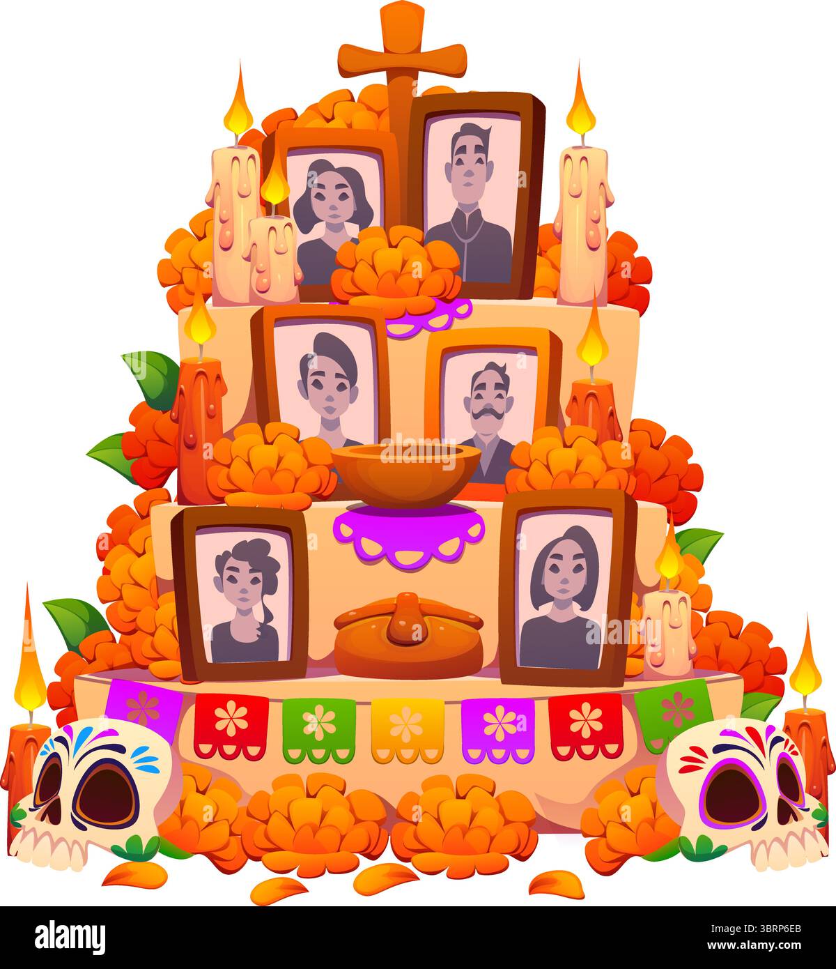 Jour de dessin animé de l'autel Dead dia de los muertos mexicain ofrenda orné de soucis traditionnels, bougies, crânes et photos encadrées, il reflète le riche patrimoine culturel et le souvenir ancestral Illustration de Vecteur
