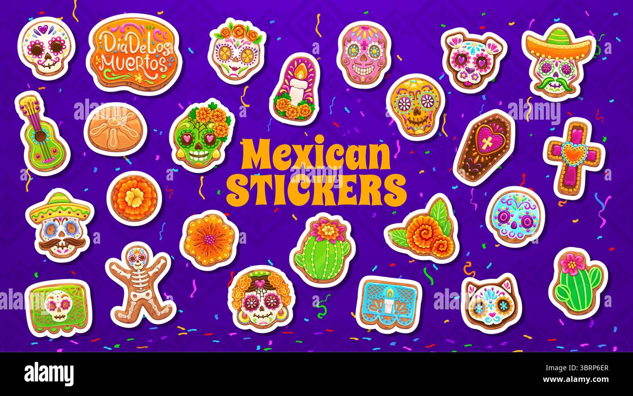Fête mexicaine des morts biscuits et autocollants de gâteau, Dia de los Muertos et nourriture d'Halloween au Mexique. Dessin animé vectoriel jour mexicain des morts ofrenda autel pain, crânes de sucre, biscuits Illustration de Vecteur