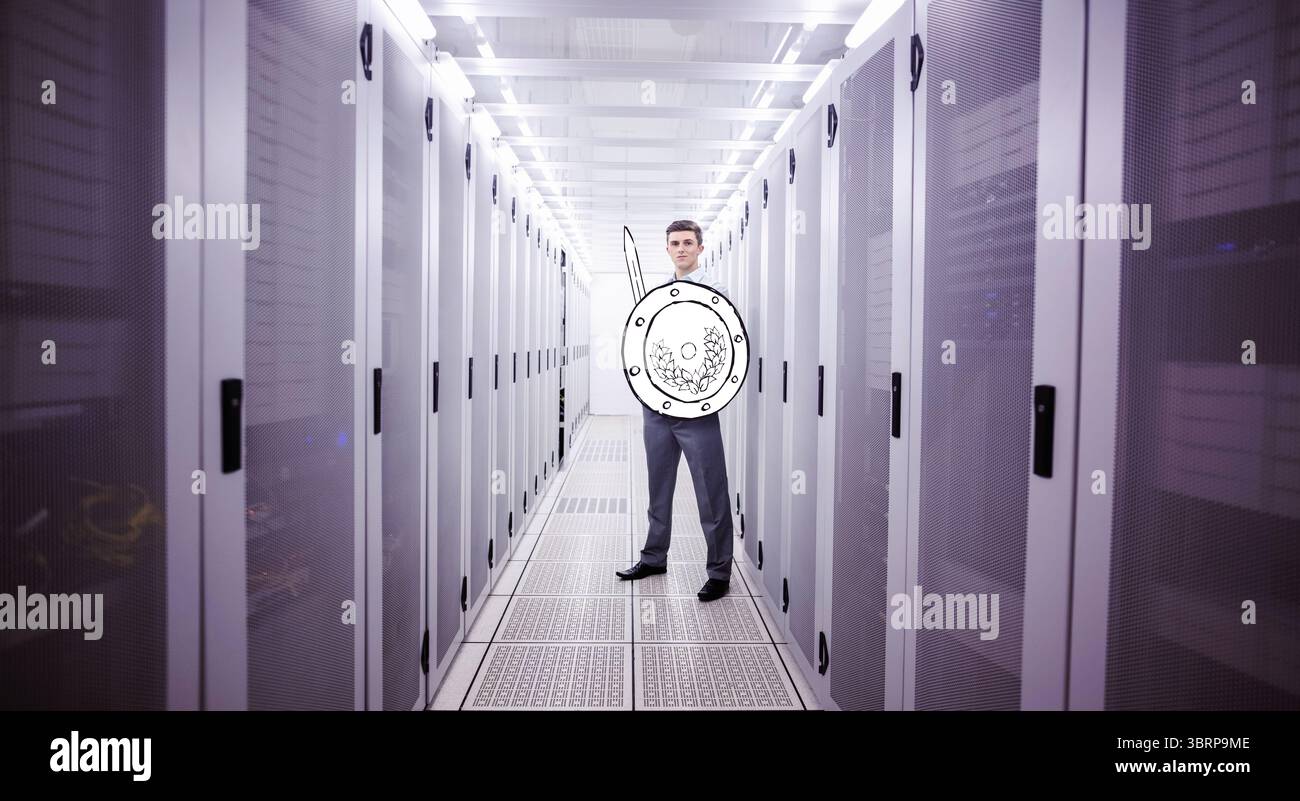 L'homme est debout dans l'allée du serveur avec des panneaux LED suspendus, conception plate, tenant l'épée et le bouclier Banque D'Images