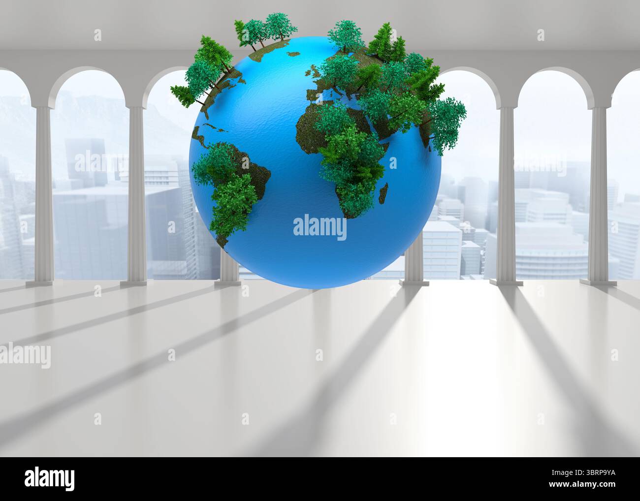 Rendu 3D montrant le globe terrestre flottant avec de minuscules arbres à l'intérieur des arches blanches surplombant l'horizon Banque D'Images