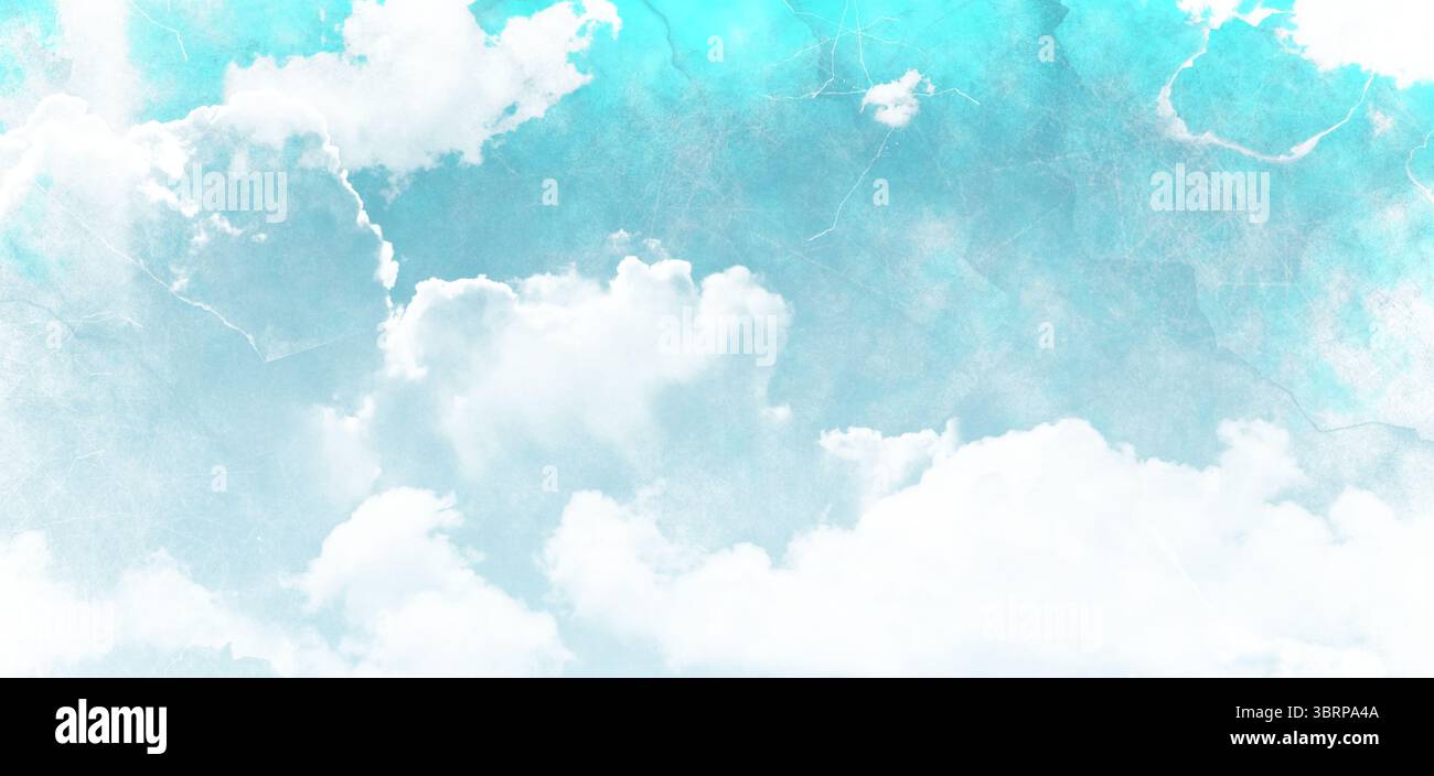 Des nuages de cumulus lumineux dérivent à travers le ciel bleu clair avec une superposition de texture aquarelle Banque D'Images