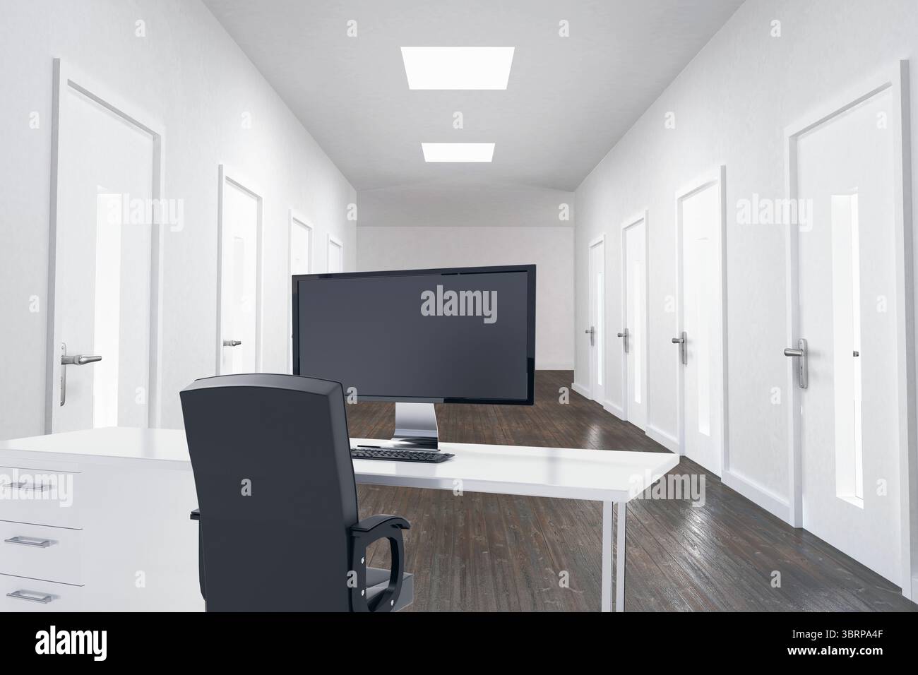 Bureau avec moniteur et chaise est assis dans un couloir minimaliste de conception plate, espace photocopie Banque D'Images